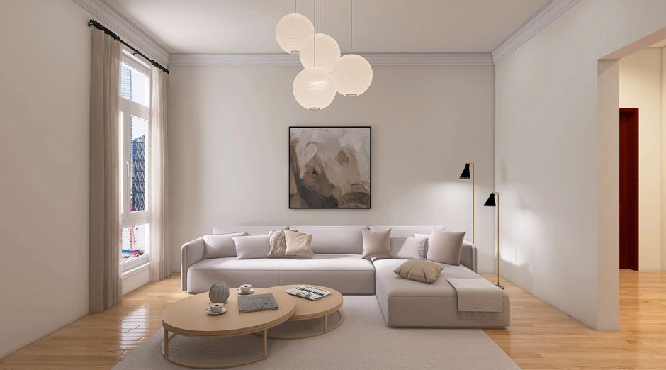 Strakke Scandinavische loungebank in woonkamer. Strakke Scandinavische loungebank in woonkamer.